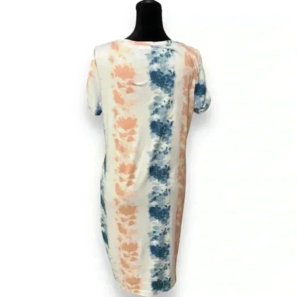 Full Circle Trends Knee Length Teal/Peach/White Tie Dye Rouched T-Shirt dress XL - Picture 14 of 14